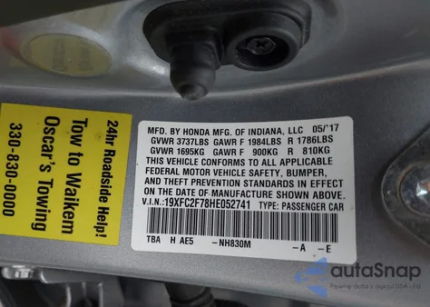 2017 Honda Civic Ex z USA, uszkodzony, nr VIN 19XFC2F78HE052741